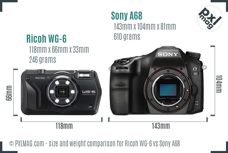 Ricoh WG-6 vs Sony A68 size comparison