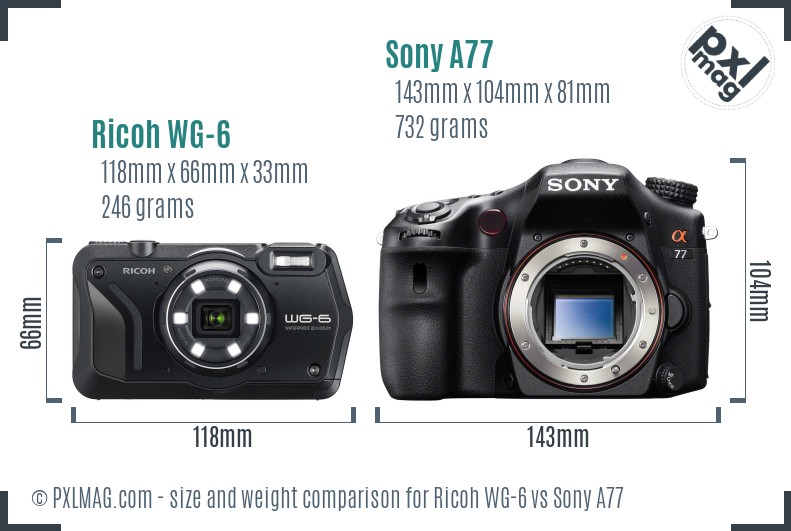 Ricoh WG-6 vs Sony A77 size comparison