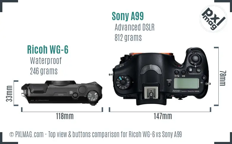 Ricoh WG-6 vs Sony A99 top view buttons comparison