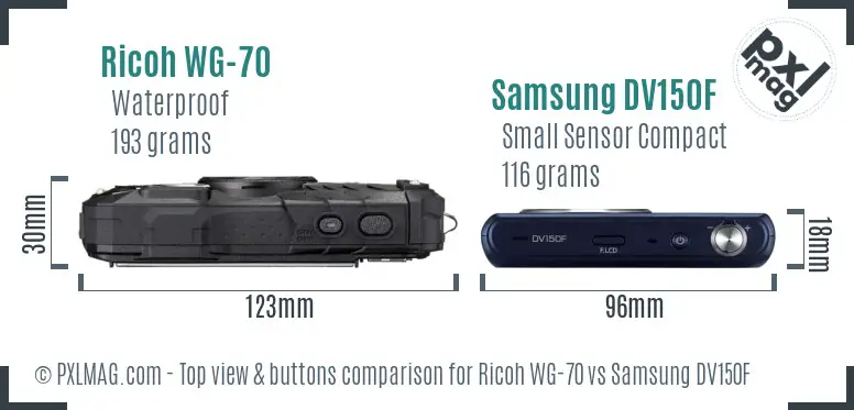 Ricoh WG-70 vs Samsung DV150F top view buttons comparison