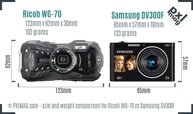 Ricoh WG-70 vs Samsung DV300F size comparison