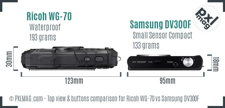 Ricoh WG-70 vs Samsung DV300F top view buttons comparison