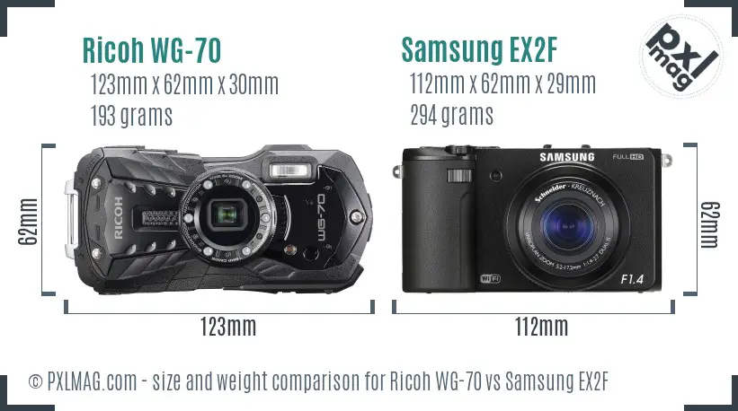 Ricoh WG-70 vs Samsung EX2F size comparison
