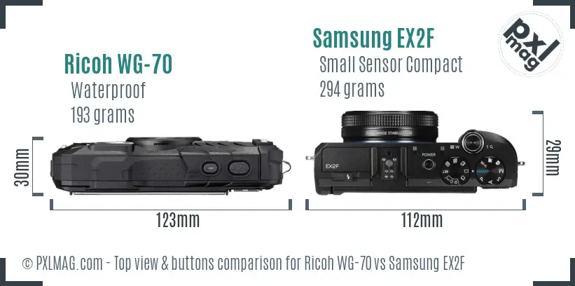 Ricoh WG-70 vs Samsung EX2F top view buttons comparison