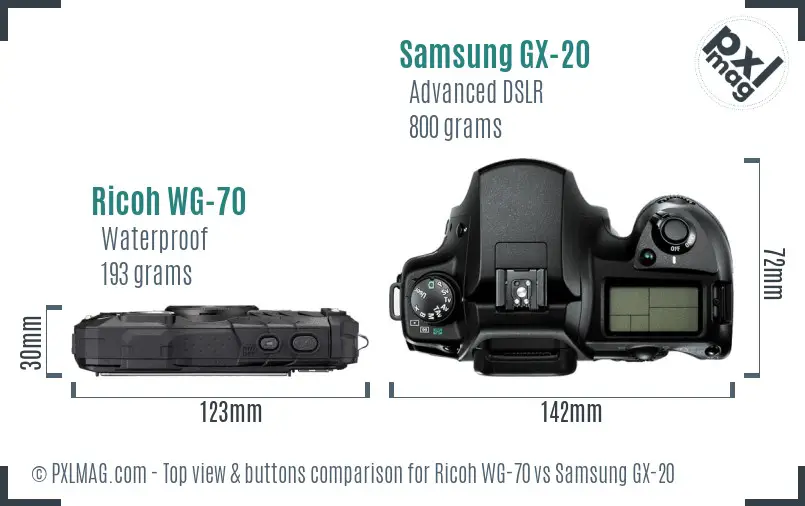 Ricoh WG-70 vs Samsung GX-20 top view buttons comparison