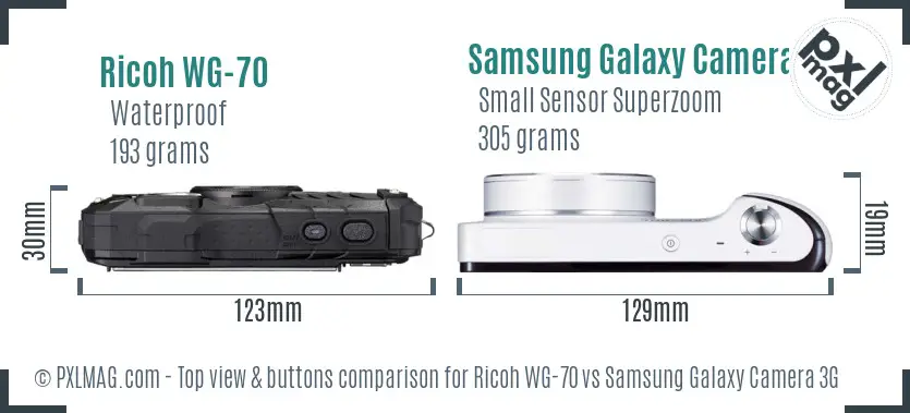 Ricoh WG-70 vs Samsung Galaxy Camera 3G top view buttons comparison