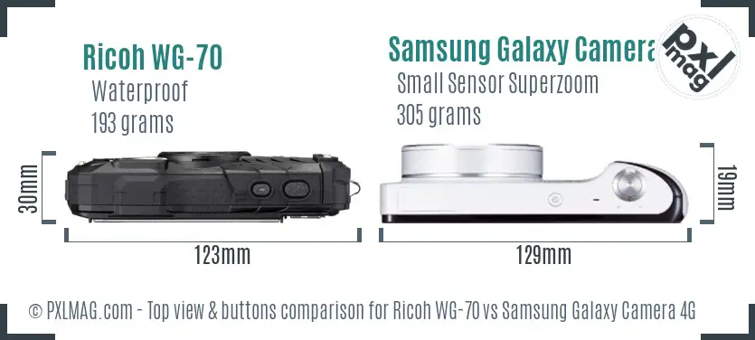 Ricoh WG-70 vs Samsung Galaxy Camera 4G top view buttons comparison