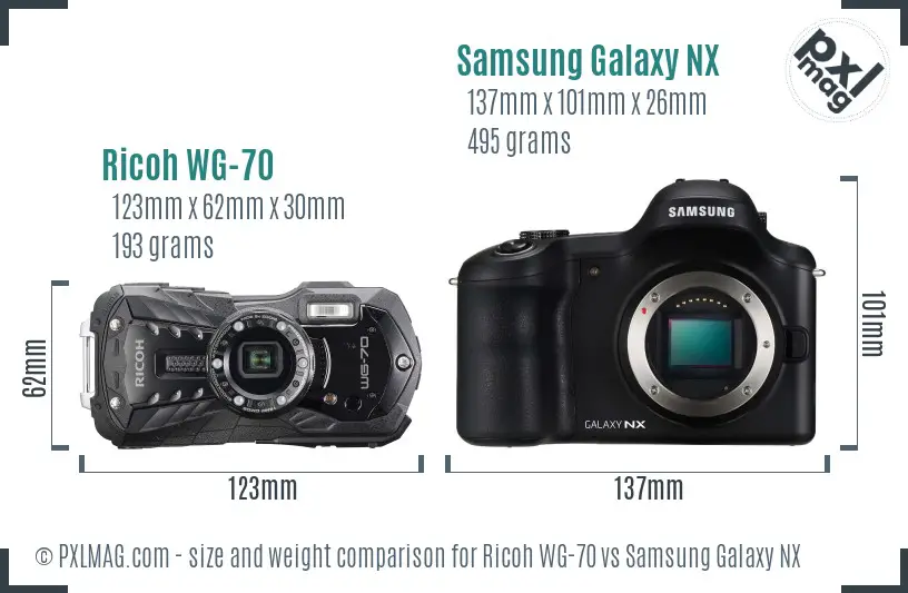 Ricoh WG-70 vs Samsung Galaxy NX size comparison