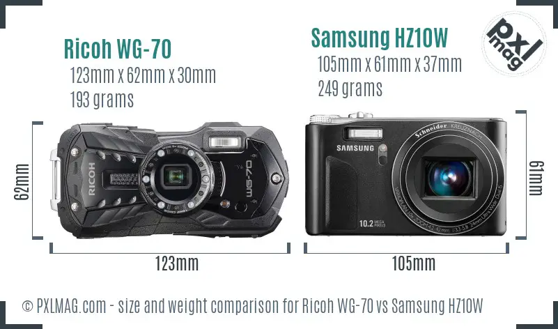 Ricoh WG-70 vs Samsung HZ10W size comparison