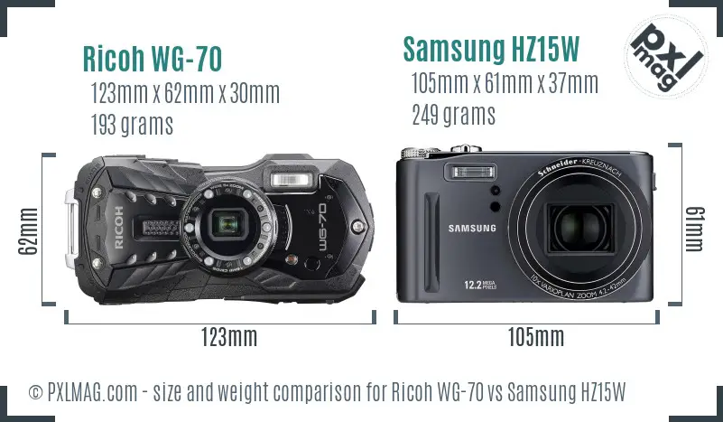 Ricoh WG-70 vs Samsung HZ15W size comparison