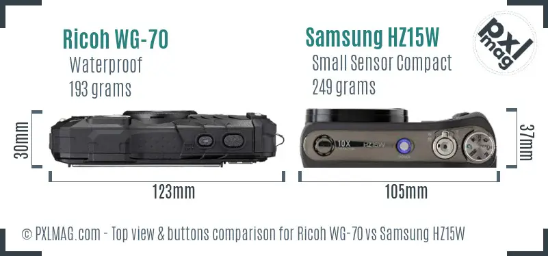 Ricoh WG-70 vs Samsung HZ15W top view buttons comparison