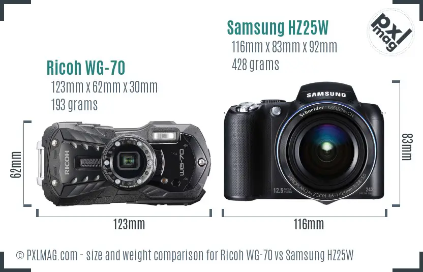Ricoh WG-70 vs Samsung HZ25W size comparison