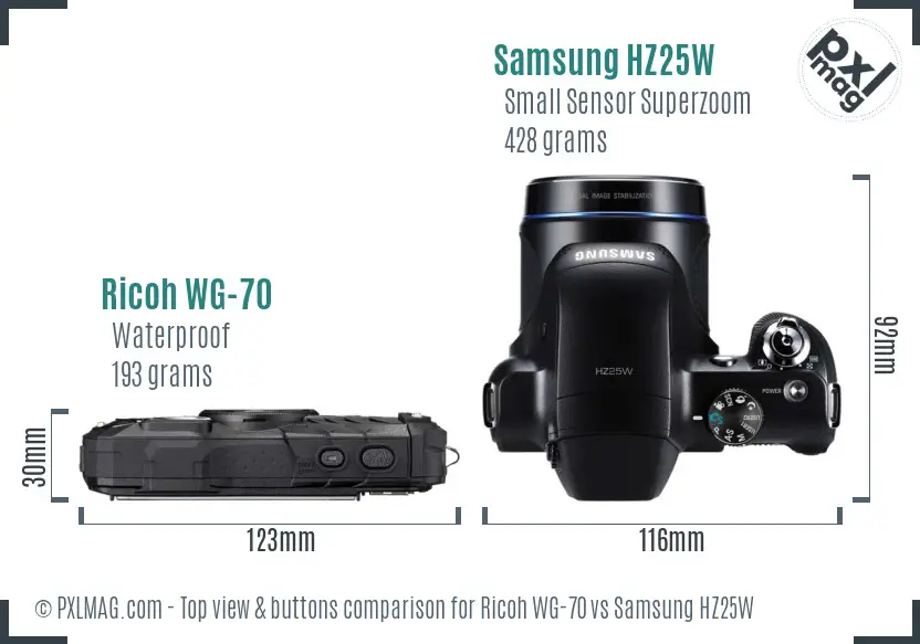 Ricoh WG-70 vs Samsung HZ25W top view buttons comparison