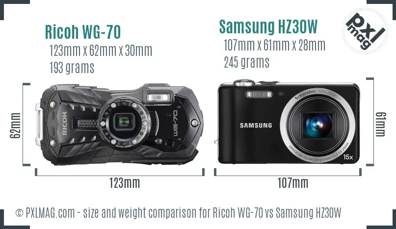 Ricoh WG-70 vs Samsung HZ30W size comparison