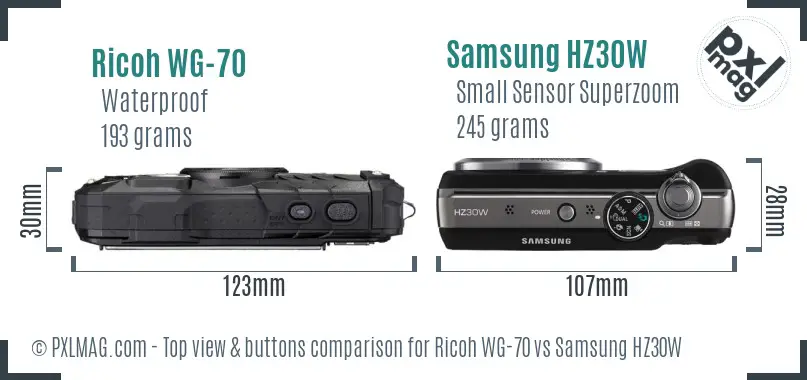 Ricoh WG-70 vs Samsung HZ30W top view buttons comparison