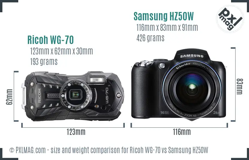 Ricoh WG-70 vs Samsung HZ50W size comparison