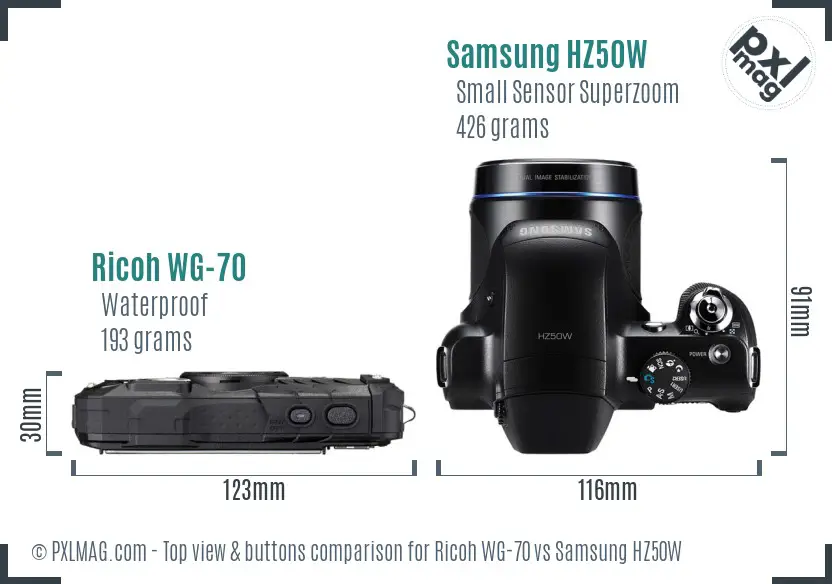 Ricoh WG-70 vs Samsung HZ50W top view buttons comparison