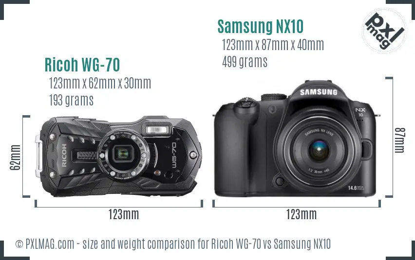Ricoh WG-70 vs Samsung NX10 size comparison