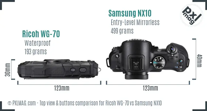 Ricoh WG-70 vs Samsung NX10 top view buttons comparison