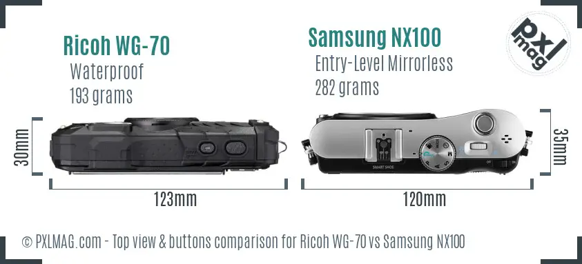 Ricoh WG-70 vs Samsung NX100 top view buttons comparison
