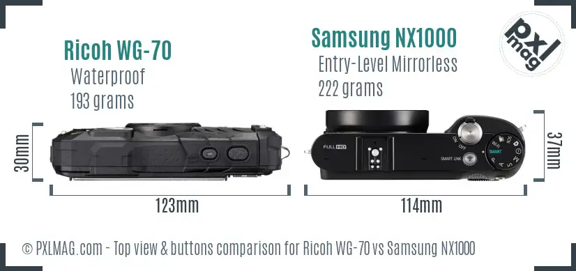Ricoh WG-70 vs Samsung NX1000 top view buttons comparison