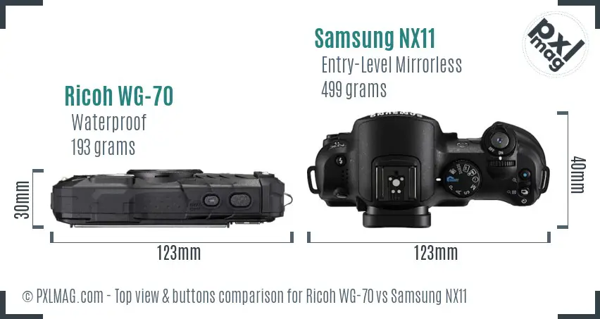 Ricoh WG-70 vs Samsung NX11 top view buttons comparison