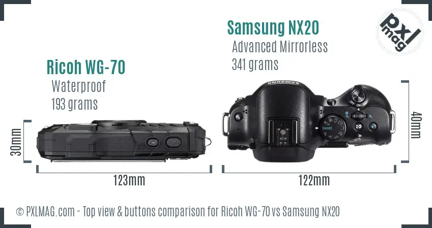Ricoh WG-70 vs Samsung NX20 top view buttons comparison