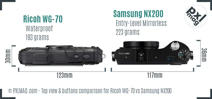 Ricoh WG-70 vs Samsung NX200 top view buttons comparison