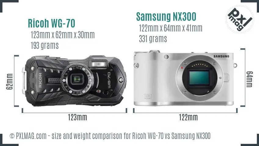 Ricoh WG-70 vs Samsung NX300 size comparison