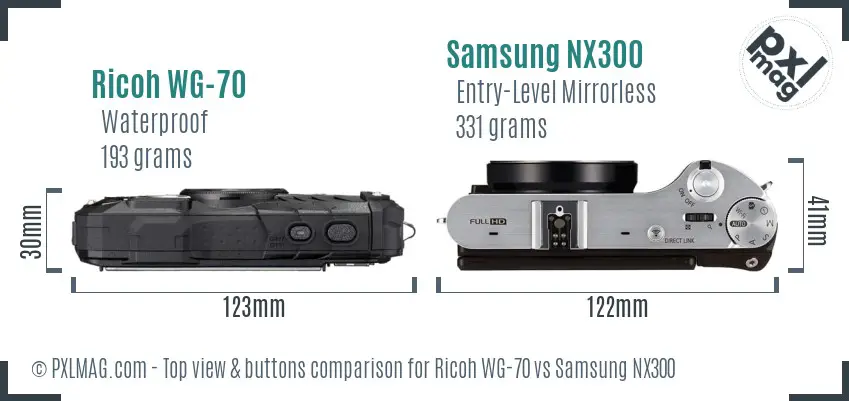 Ricoh WG-70 vs Samsung NX300 top view buttons comparison