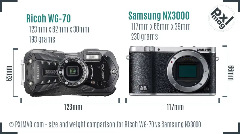 Ricoh WG-70 vs Samsung NX3000 size comparison