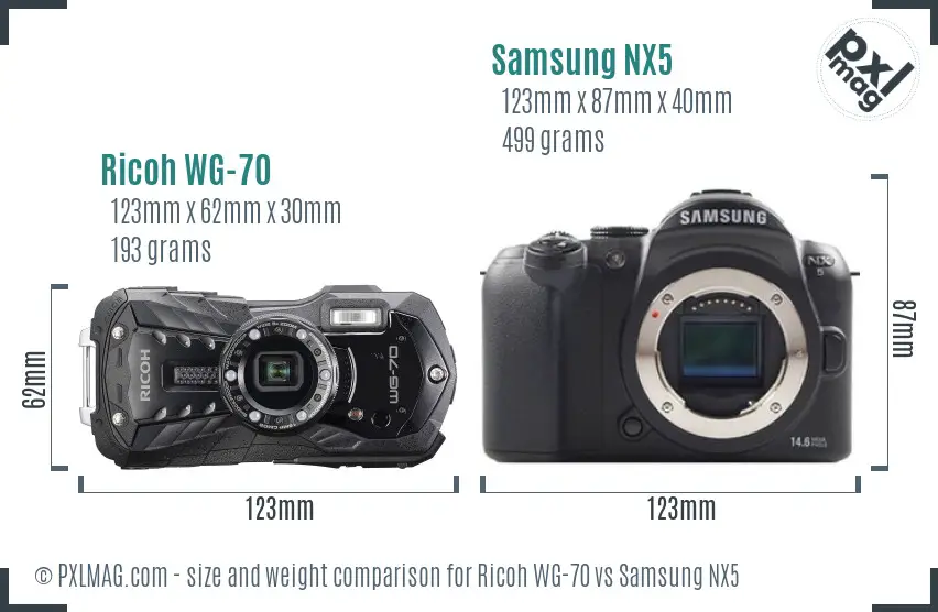 Ricoh WG-70 vs Samsung NX5 size comparison