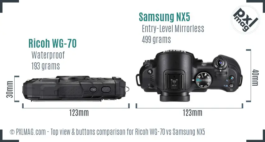 Ricoh WG-70 vs Samsung NX5 top view buttons comparison