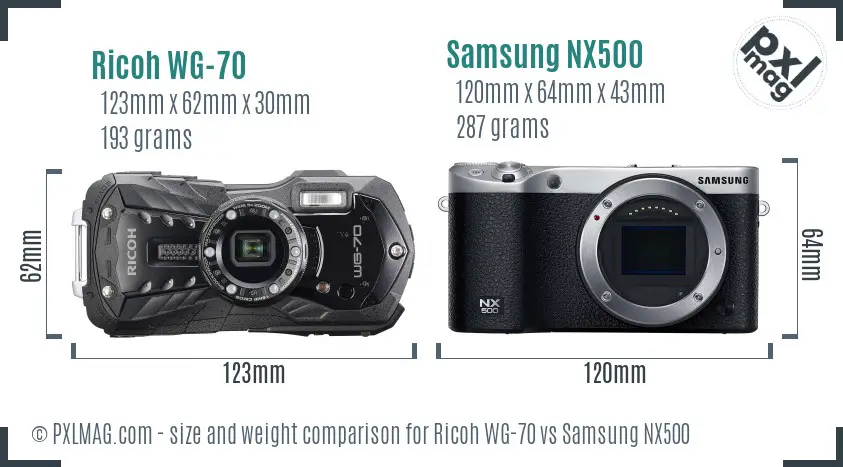 Ricoh WG-70 vs Samsung NX500 size comparison