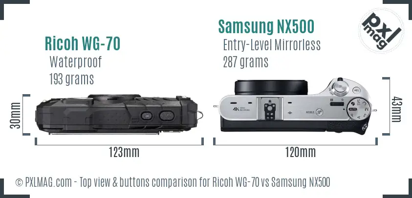 Ricoh WG-70 vs Samsung NX500 top view buttons comparison