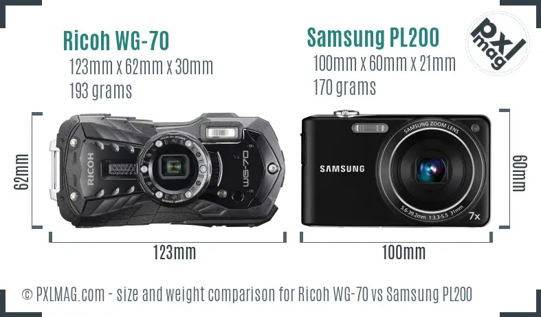Ricoh WG-70 vs Samsung PL200 size comparison