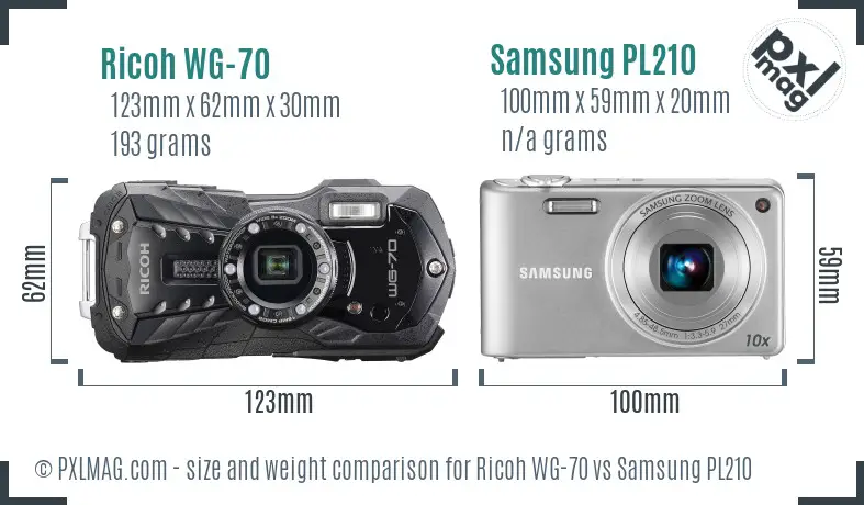 Ricoh WG-70 vs Samsung PL210 size comparison