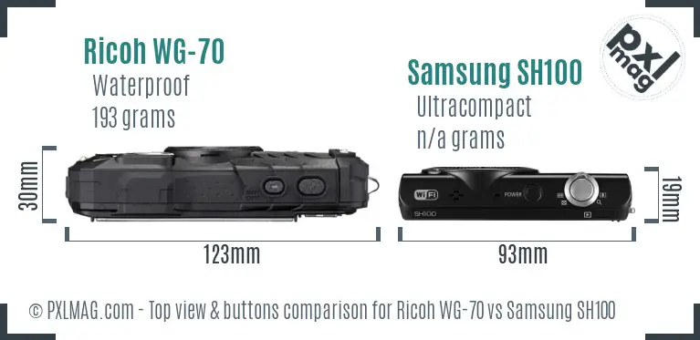 Ricoh WG-70 vs Samsung SH100 top view buttons comparison