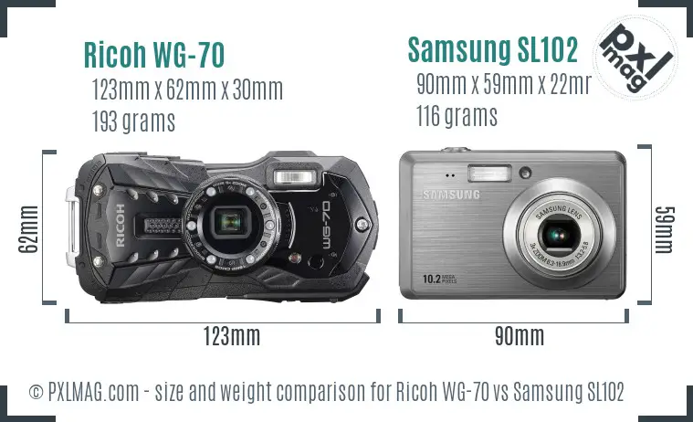 Ricoh WG-70 vs Samsung SL102 size comparison