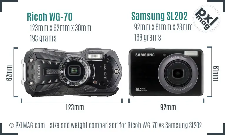 Ricoh WG-70 vs Samsung SL202 size comparison