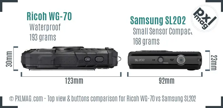 Ricoh WG-70 vs Samsung SL202 top view buttons comparison