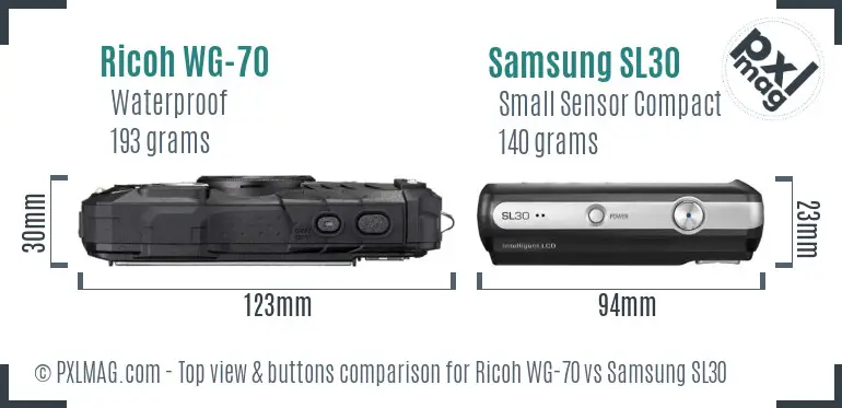 Ricoh WG-70 vs Samsung SL30 top view buttons comparison