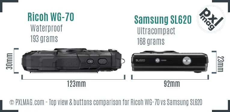 Ricoh WG-70 vs Samsung SL620 top view buttons comparison