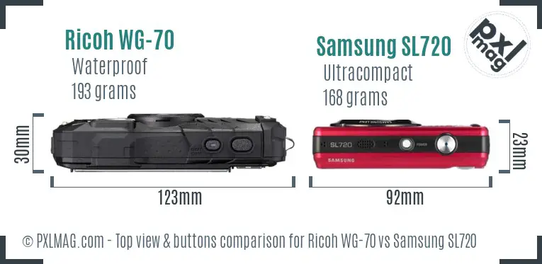 Ricoh WG-70 vs Samsung SL720 top view buttons comparison
