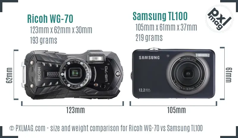 Ricoh WG-70 vs Samsung TL100 size comparison