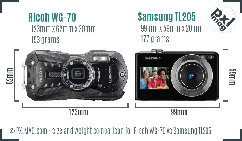 Ricoh WG-70 vs Samsung TL205 size comparison