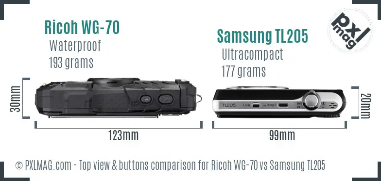 Ricoh WG-70 vs Samsung TL205 top view buttons comparison