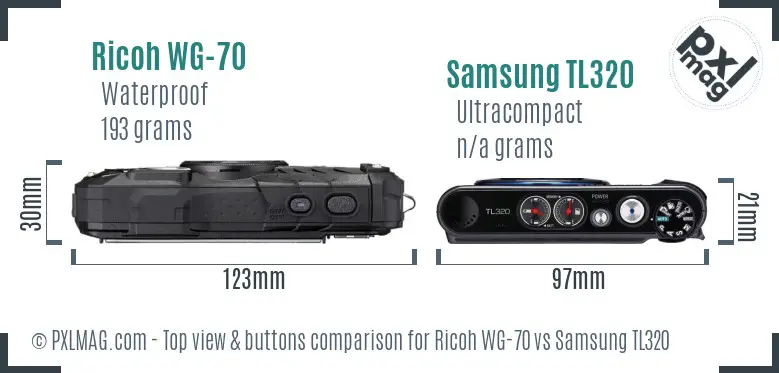 Ricoh WG-70 vs Samsung TL320 top view buttons comparison