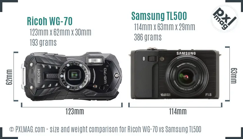 Ricoh WG-70 vs Samsung TL500 size comparison