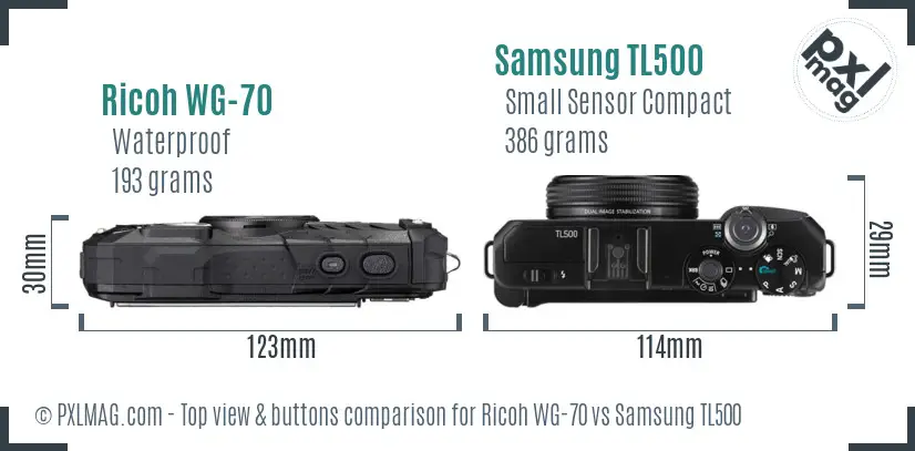 Ricoh WG-70 vs Samsung TL500 top view buttons comparison